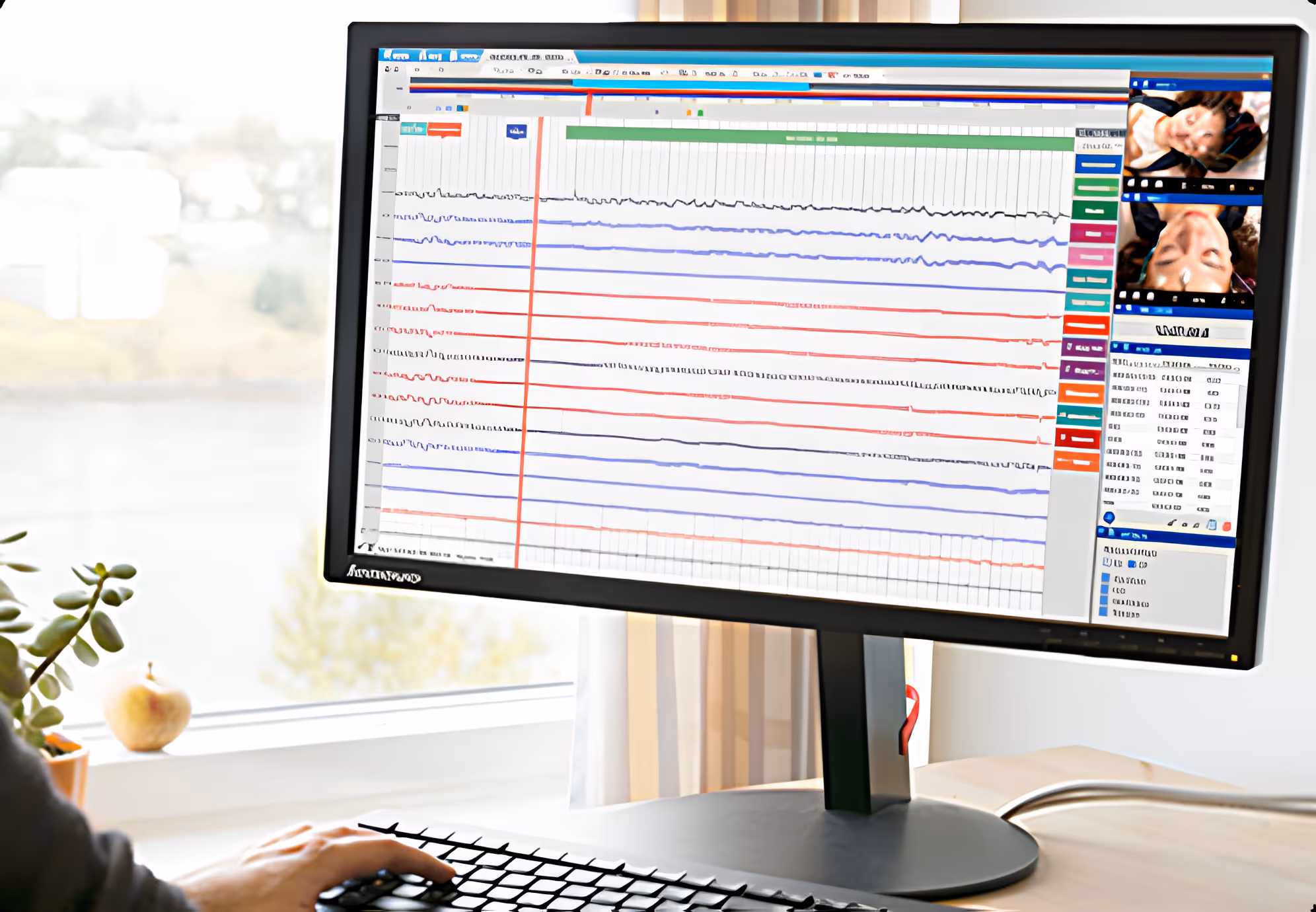 Person analyzing brainwave data displayed as colorful EEG graphs on a computer monitor with images of a person wearing sensors.