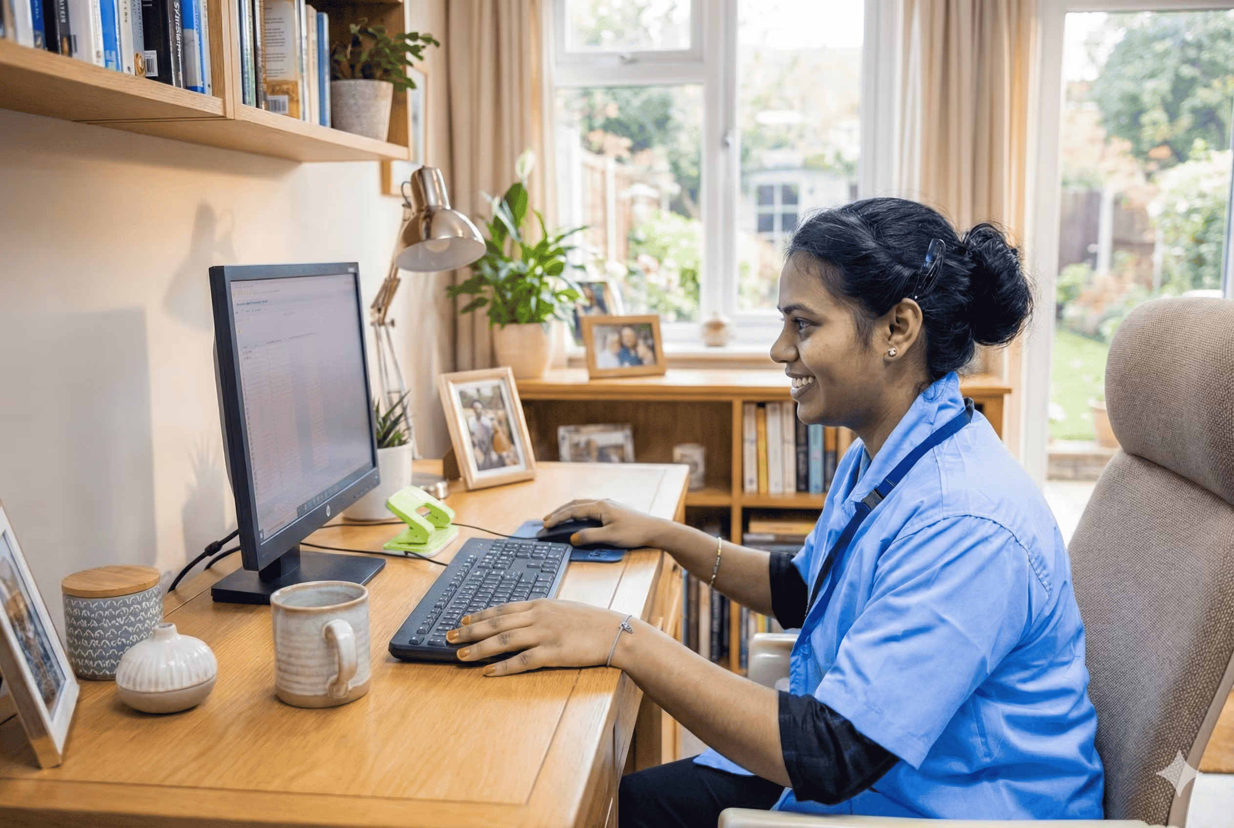 Smiling healthcare worker in blue scrubs using a desktop computer at a wooden desk in a bright home office.