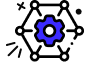 Dark background with a blue gear icon and small black decorative elements around it.