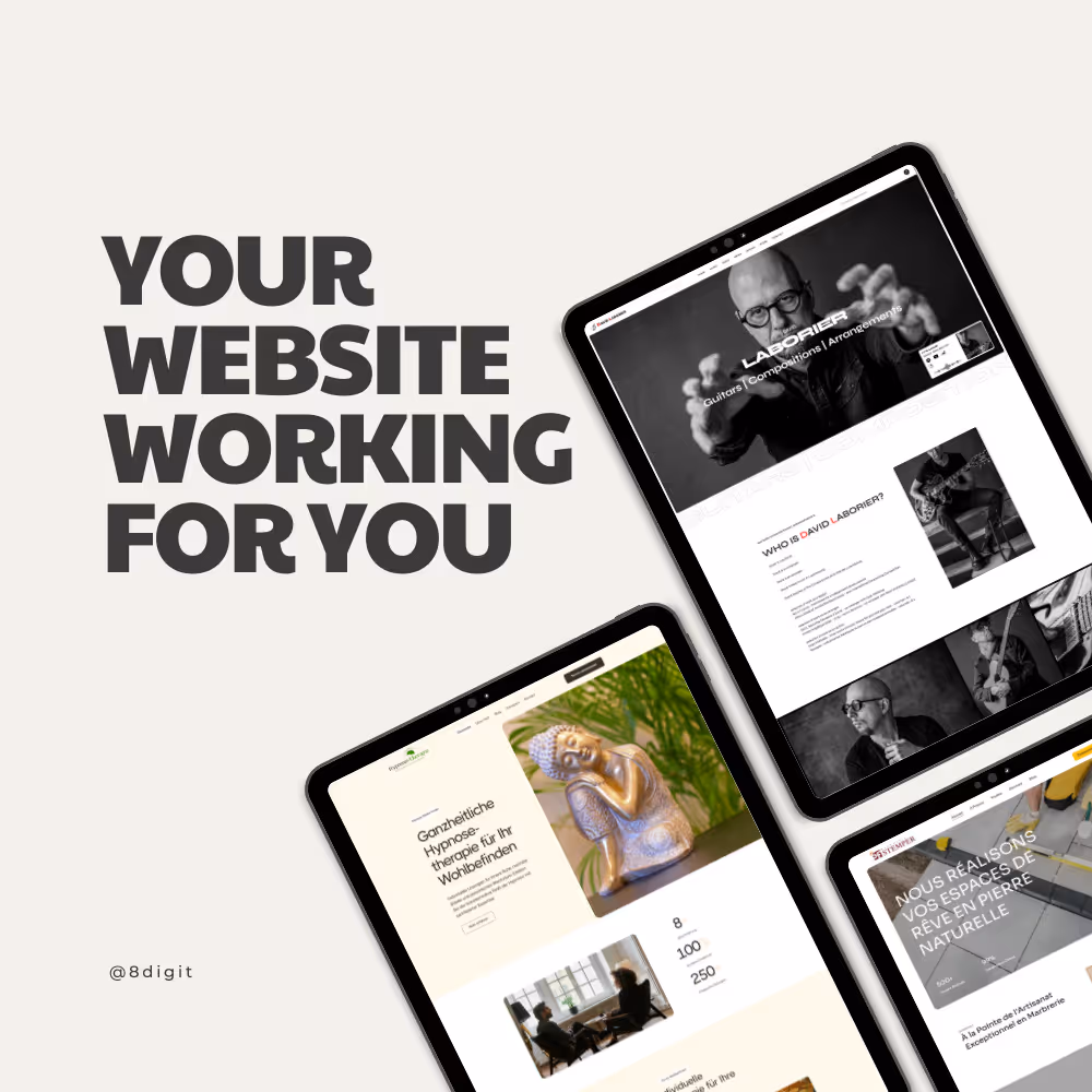 Three tablets displaying different website designs with text saying 'YOUR WEBSITE WORKING FOR YOU' on a light background.