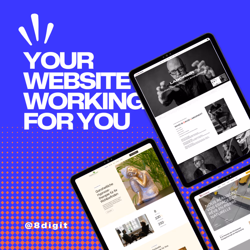 Three tablets showing different website designs on a blue and orange dotted background with the text 'YOUR WEBSITE WORKING FOR YOU'.