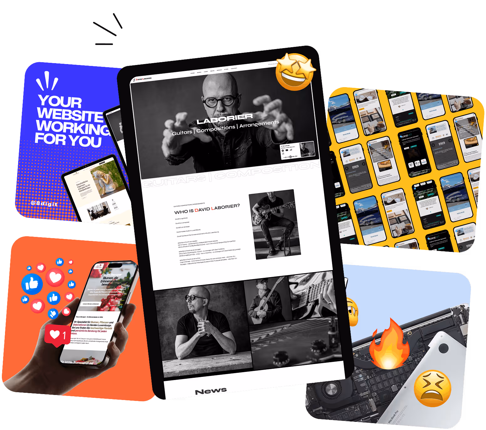 Collage showing a website on a tablet featuring a musician, a hand holding a smartphone with social media likes, multiple mobile screens on a yellow background, and a disassembled MacBook Pro with fire and frustrated face emojis.