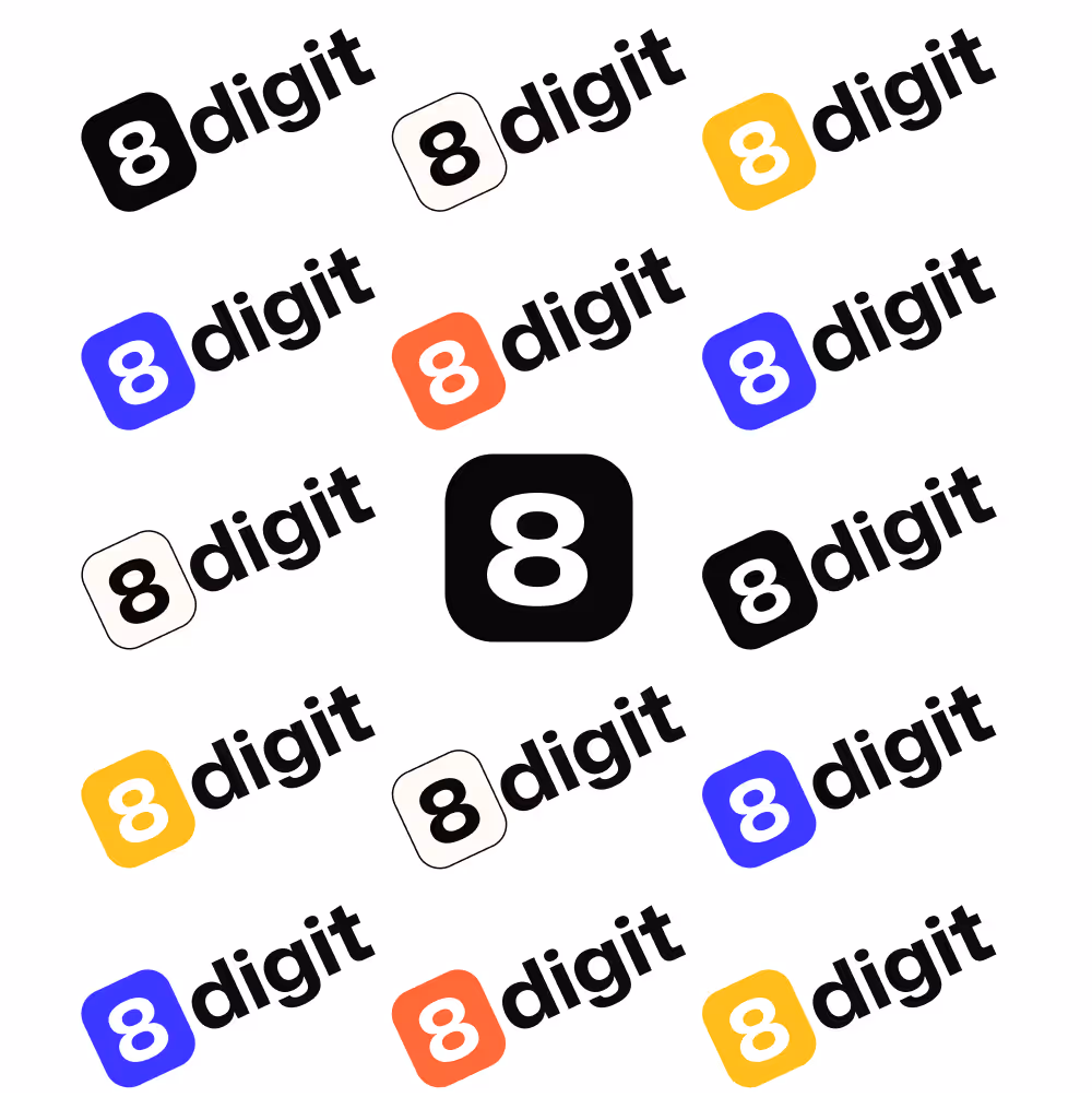 Pattern of the word 'digit' following a square containing the number 8 in various colors and styles.
