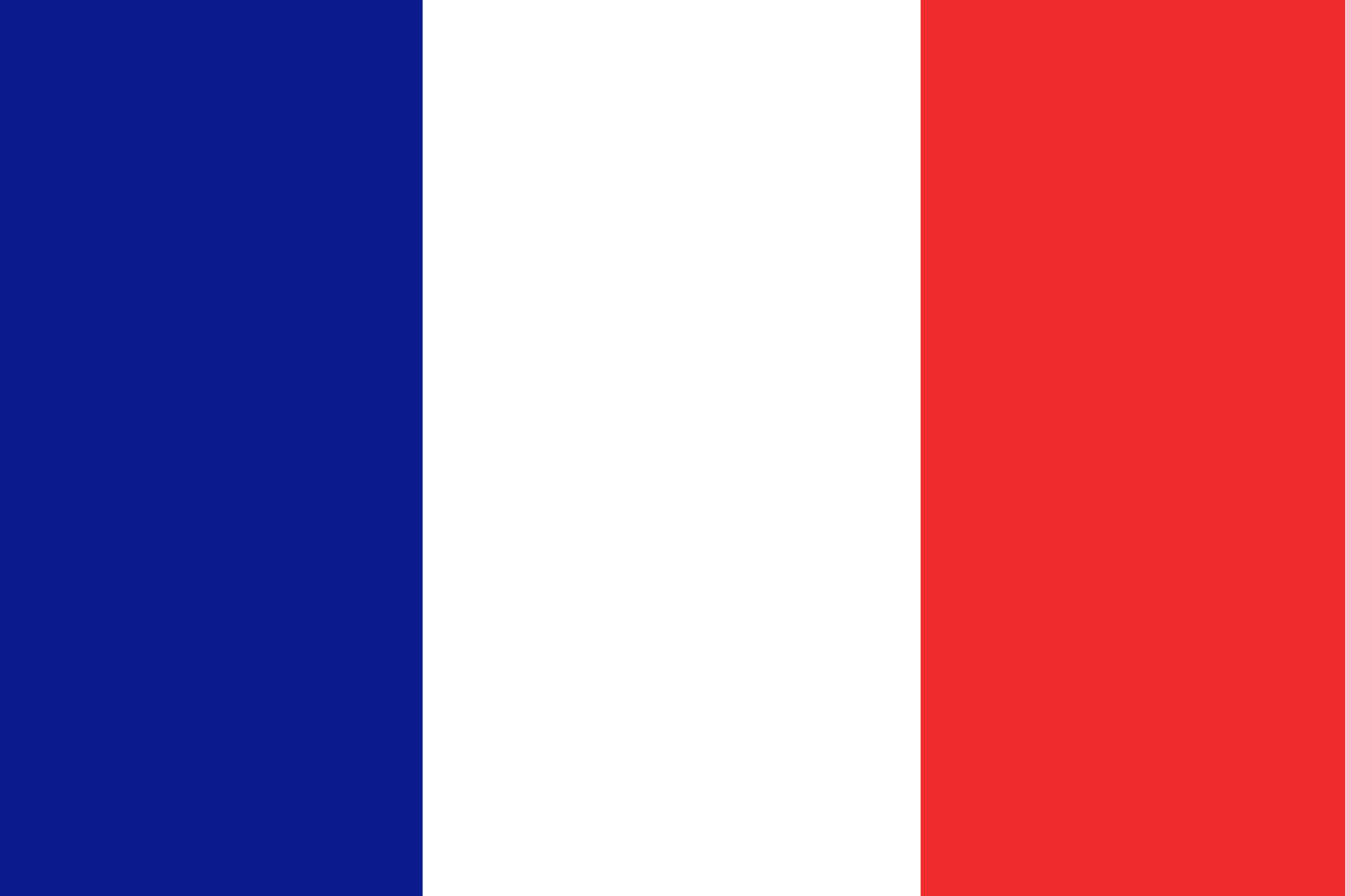 Flag of France with vertical stripes of blue, white, and red.