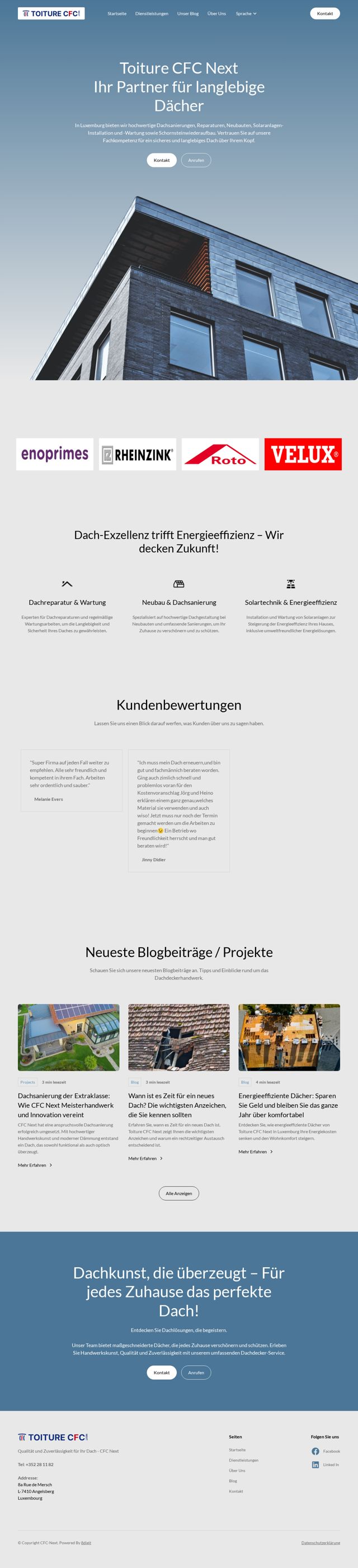 Toiture CFC Next website homepage; on hover it scrolls to show the full page