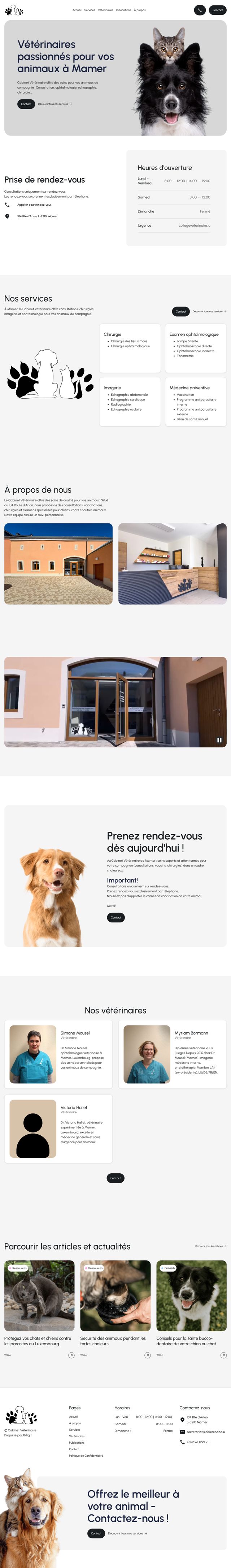Cabinet Vétérinaire Mousel website homepage; on hover it scrolls to show the full page