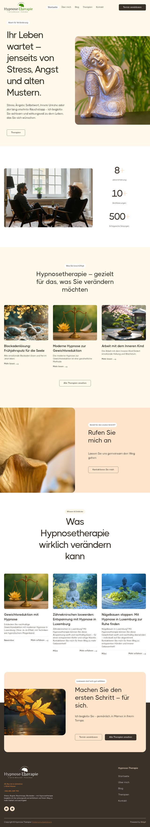 Hypnose Therapie website homepage; on hover it scrolls to show the full page
