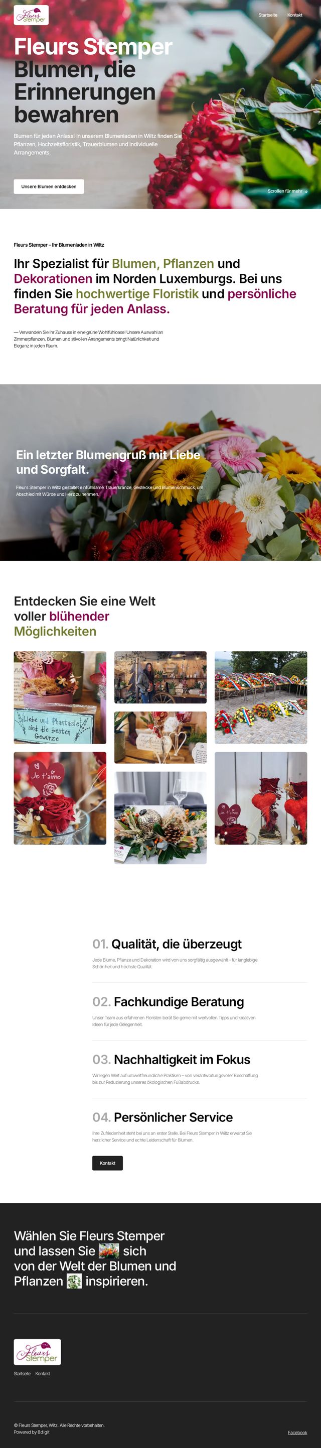 Fleurs Stemper: website, scrolls to show the full page