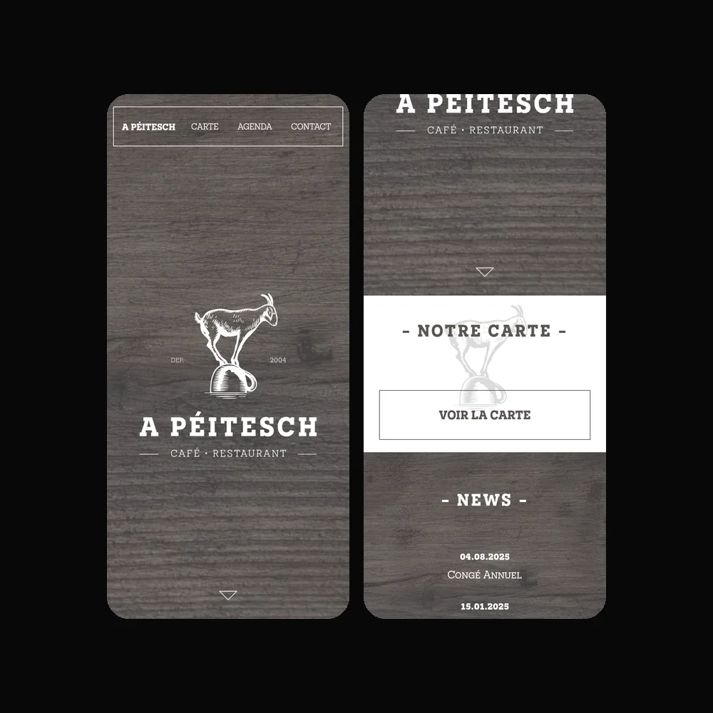 A Péitesch website on mobile: homepage, menu and news sections