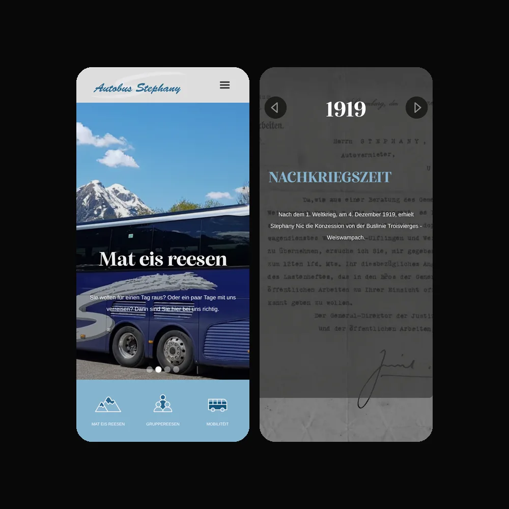 Autobus Stephany website on mobile: homepage and the company history section