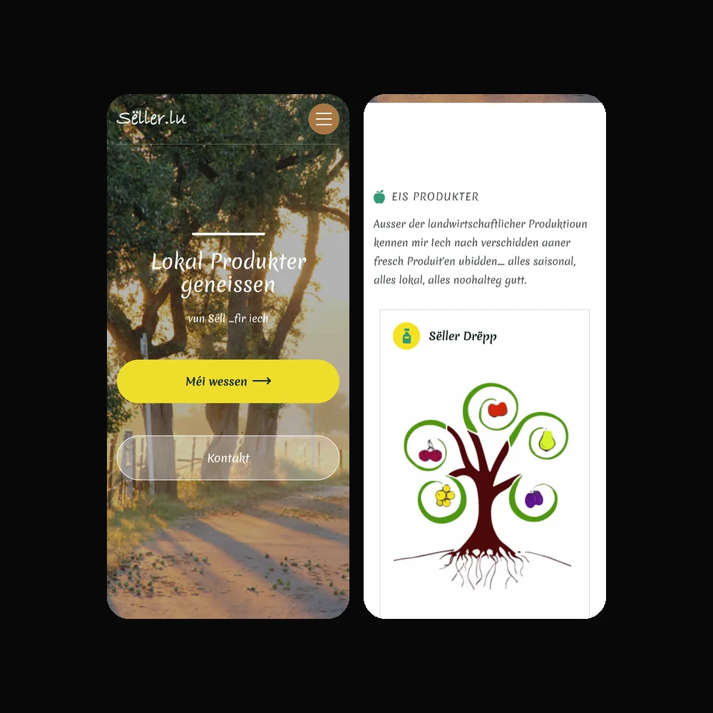 Sëller website on mobile: homepage and the local products section