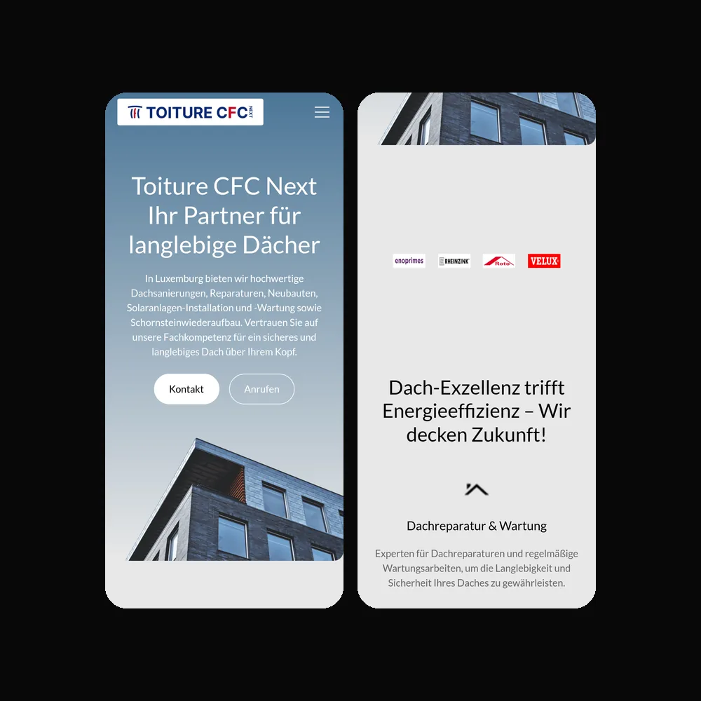 Website von Toiture CFC Next auf dem Smartphone: Startseite und Bereich der Dachleistungen