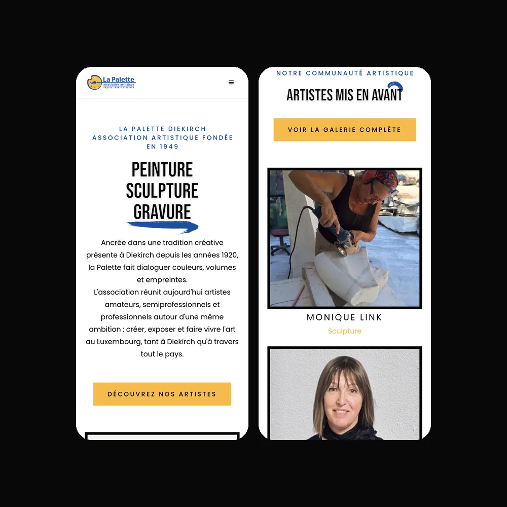 La Palette website on mobile: homepage and the featured artists section