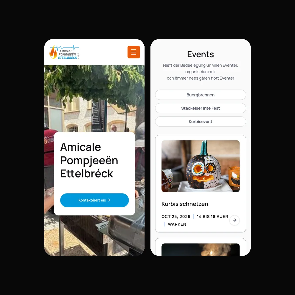 Amicale Pompjeeën Ettelbréck website on mobile: homepage and the events section