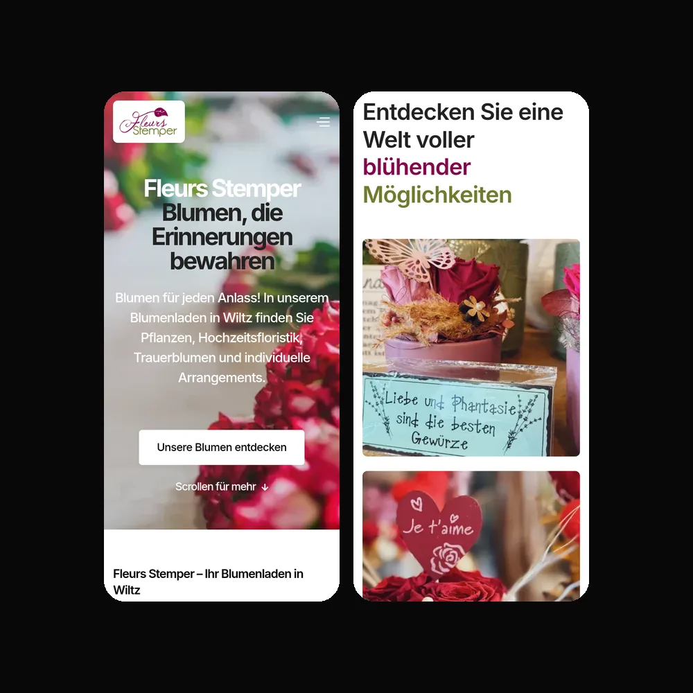 Website von Fleurs Stemper auf dem Smartphone: Startseite und Bereich mit Blumenarrangements