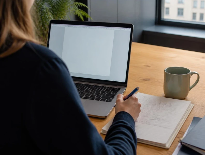 Business owner preparing a website brief with a laptop and notes