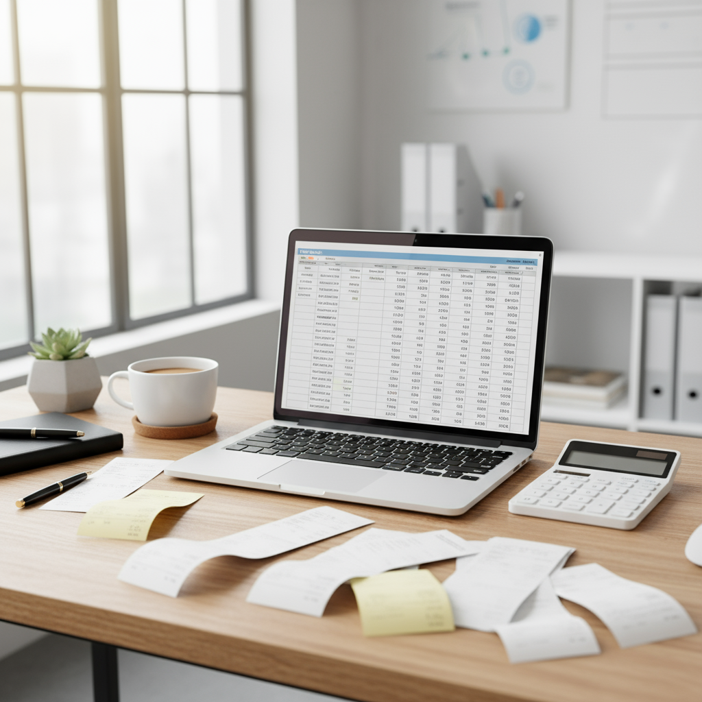 A photorealistic scene of a clean, organized desk with an open laptop, a calculator, scattered receipts, and a coffee mug. The setting is bright and professional, conveying bookkeeping and organization for a small business. No text or logos visible.