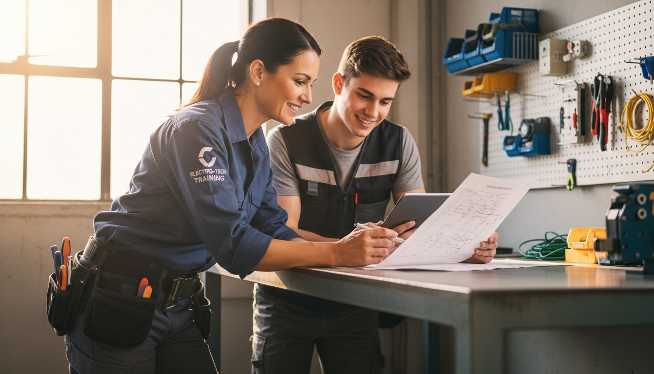 Erfahrene Ausbilder:in coacht jungen Auszubildenden im Elektrohandwerk für die AEVO-Prüfung.