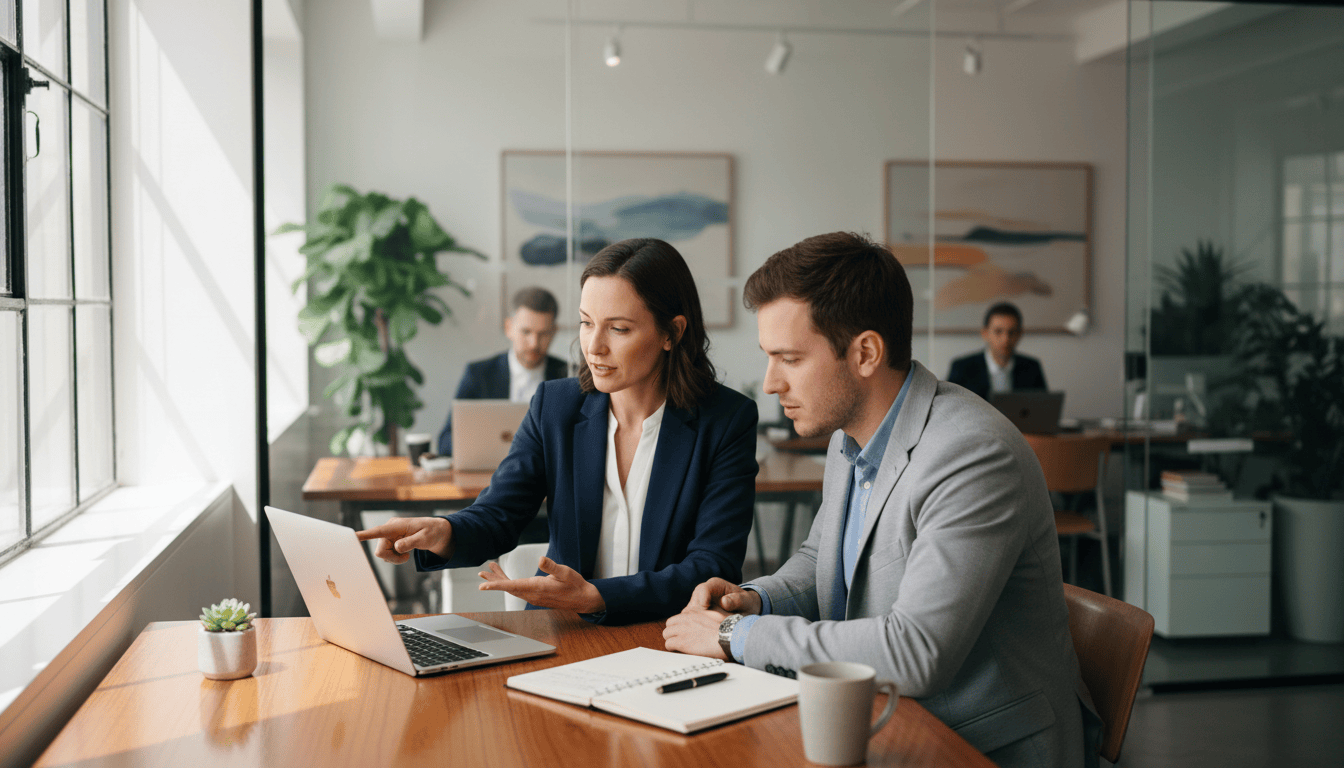 Teamleiterin erklärt neuem Mitarbeitenden CRM-Prozesse; AEVO-Unterweisung im Büro.