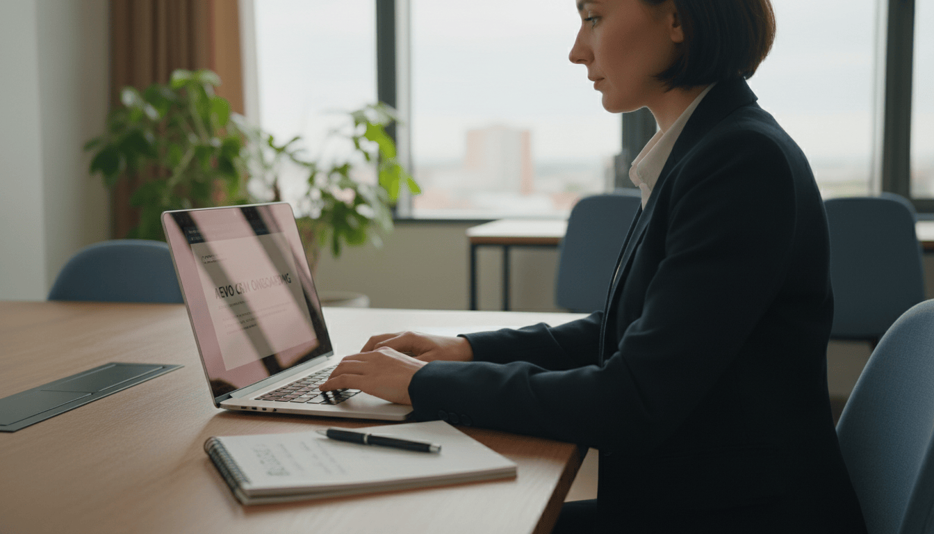 Personalreferentin übt AEVO-Präsentation zum CRM-Onboarding am Laptop.