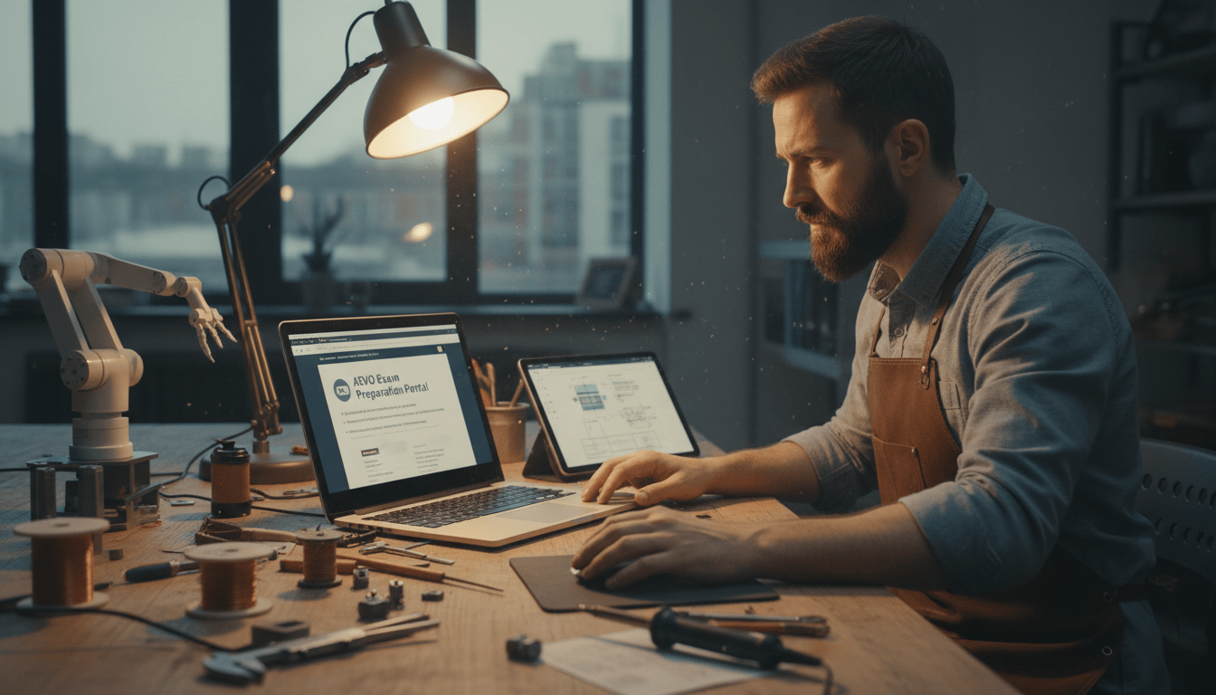 Handwerker arbeitet konzentriert an Werkbank mit Laptop und Tablet, bereitet sich online auf AEVO-Prüfung vor.