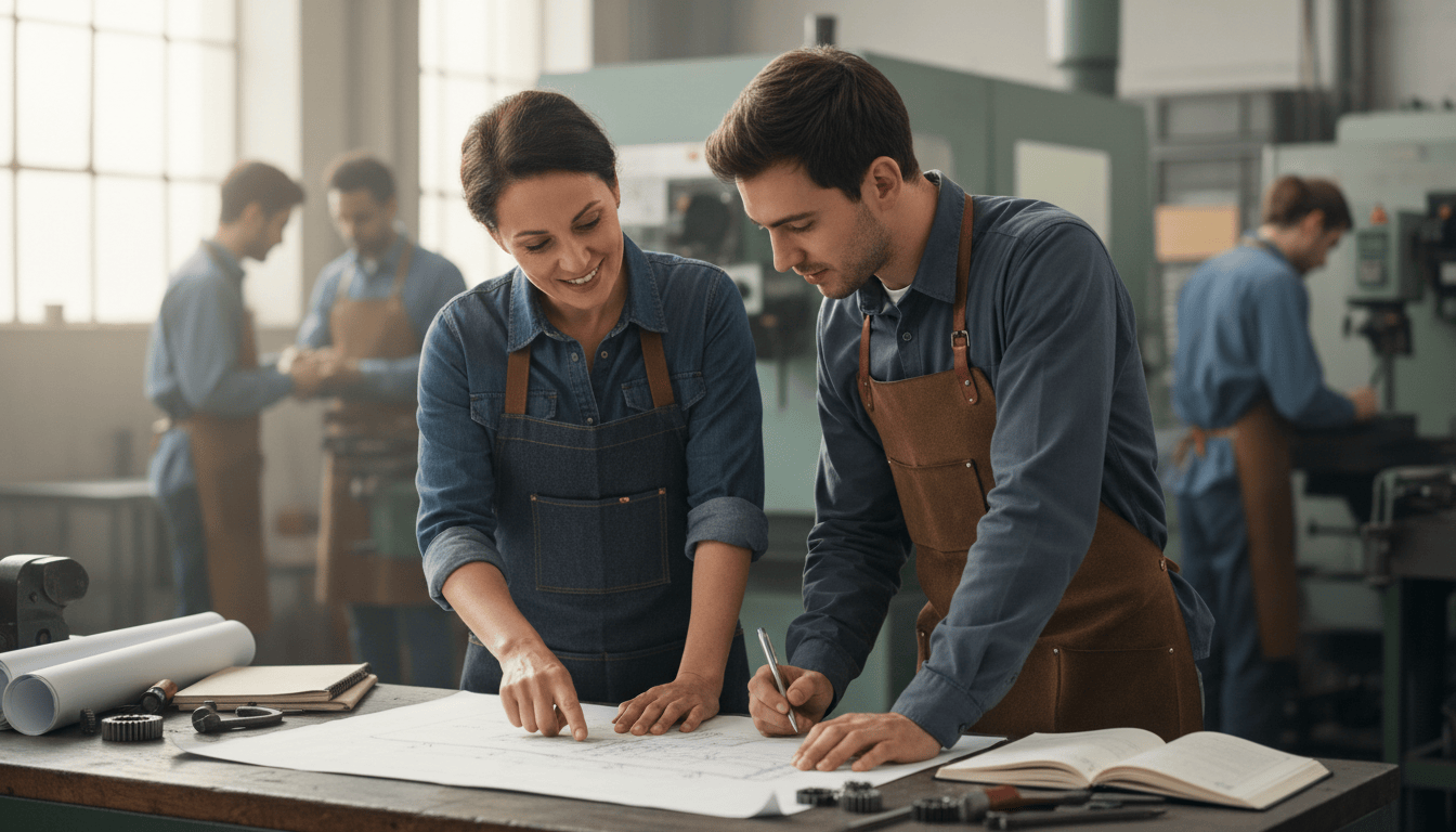 Meister gibt Auszubildendem Feedback im Betrieb – AEVO Coaching mit Praxisbezug.