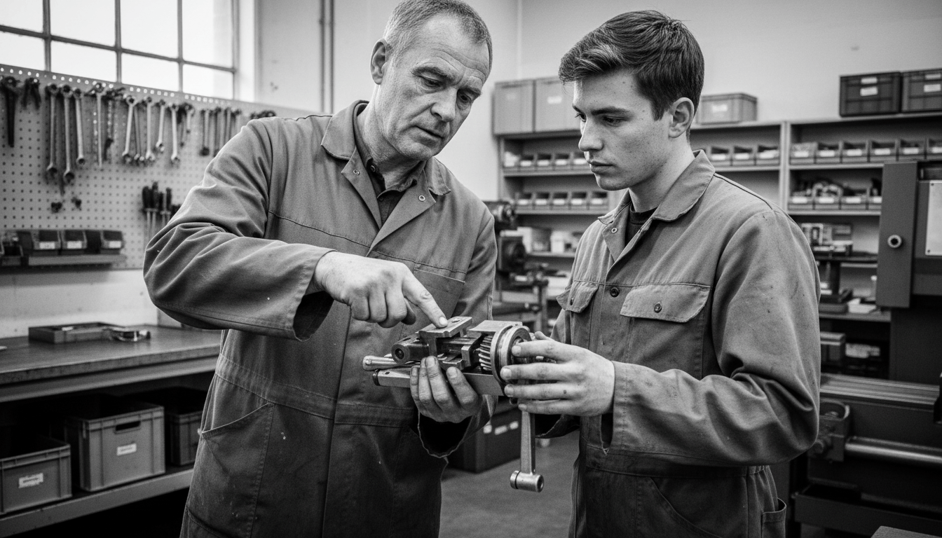 Ausbilder erklärt Auszubildendem ein Werkstück, simuliert AEVO-Unterweisung im Betrieb.