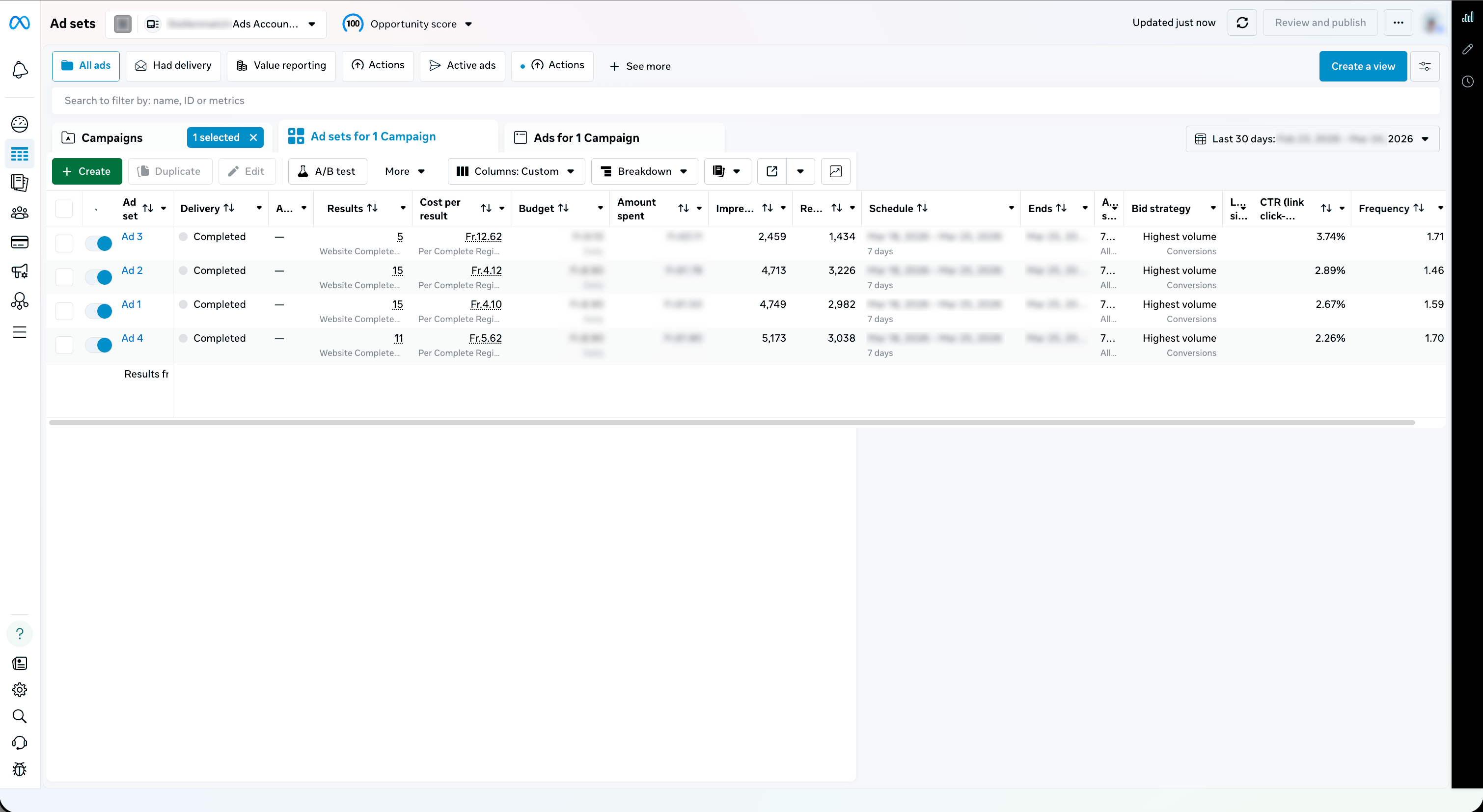Meta Ads Manager campaign results