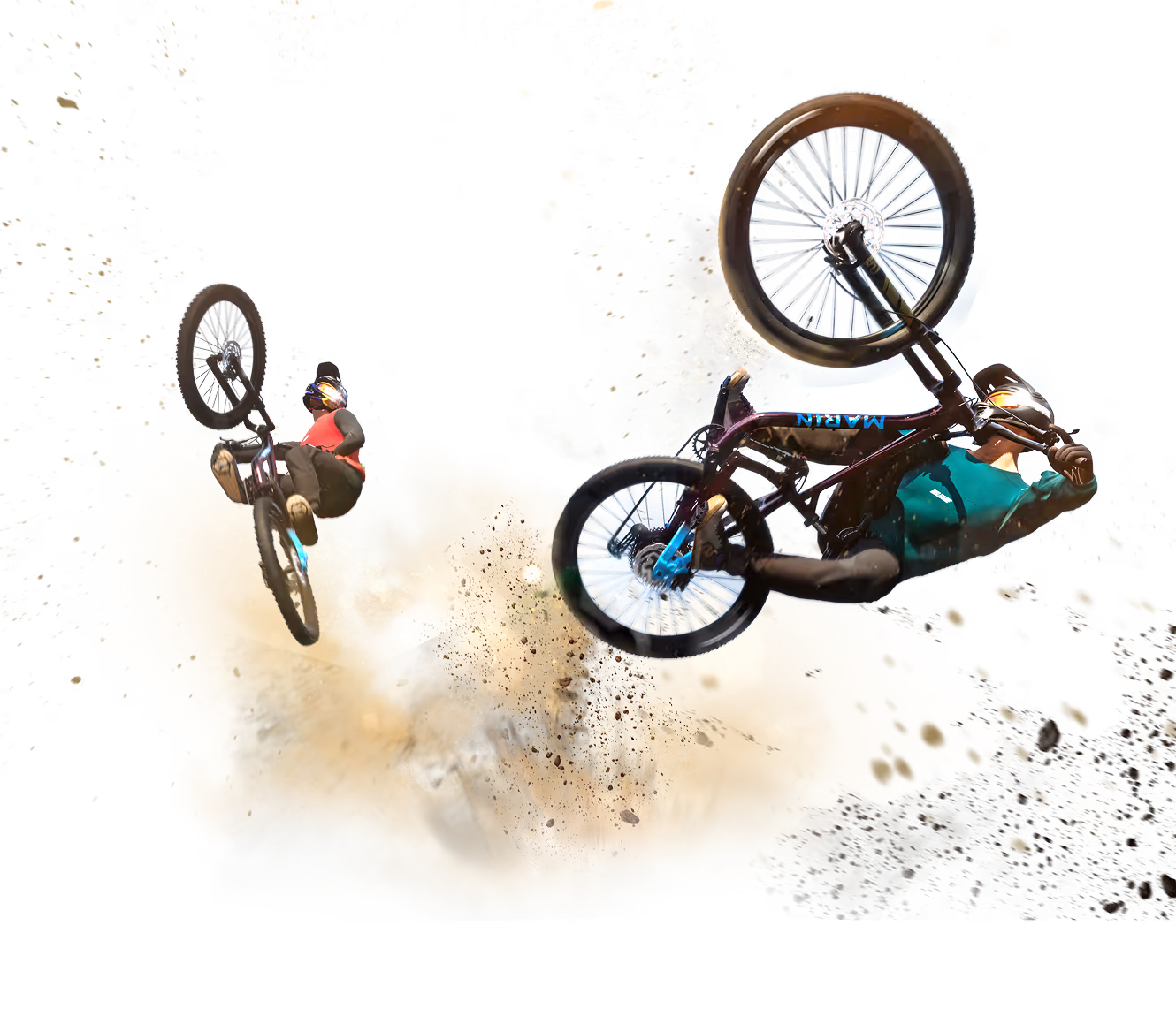 Mountain bikers performing tricks in mid-air during sunset