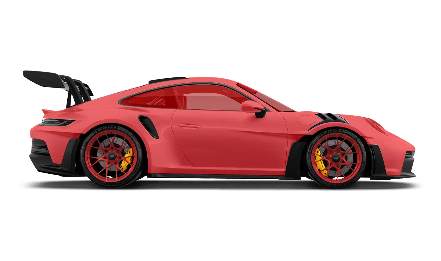 Side view of a red Porsche sports car with large rear wing and yellow brake calipers.