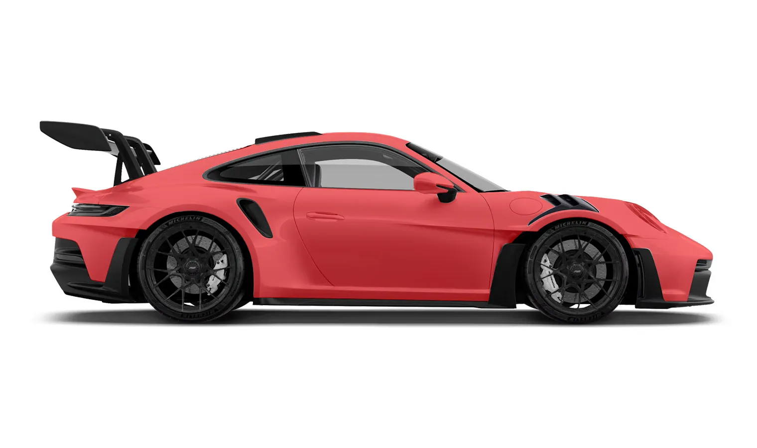 Side view of a red Porsche sports car with black wheels and a large rear spoiler on a white background.