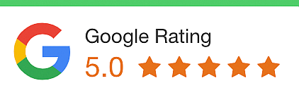 Google logo with a 5.0 rating and five orange stars indicating a perfect Google rating.