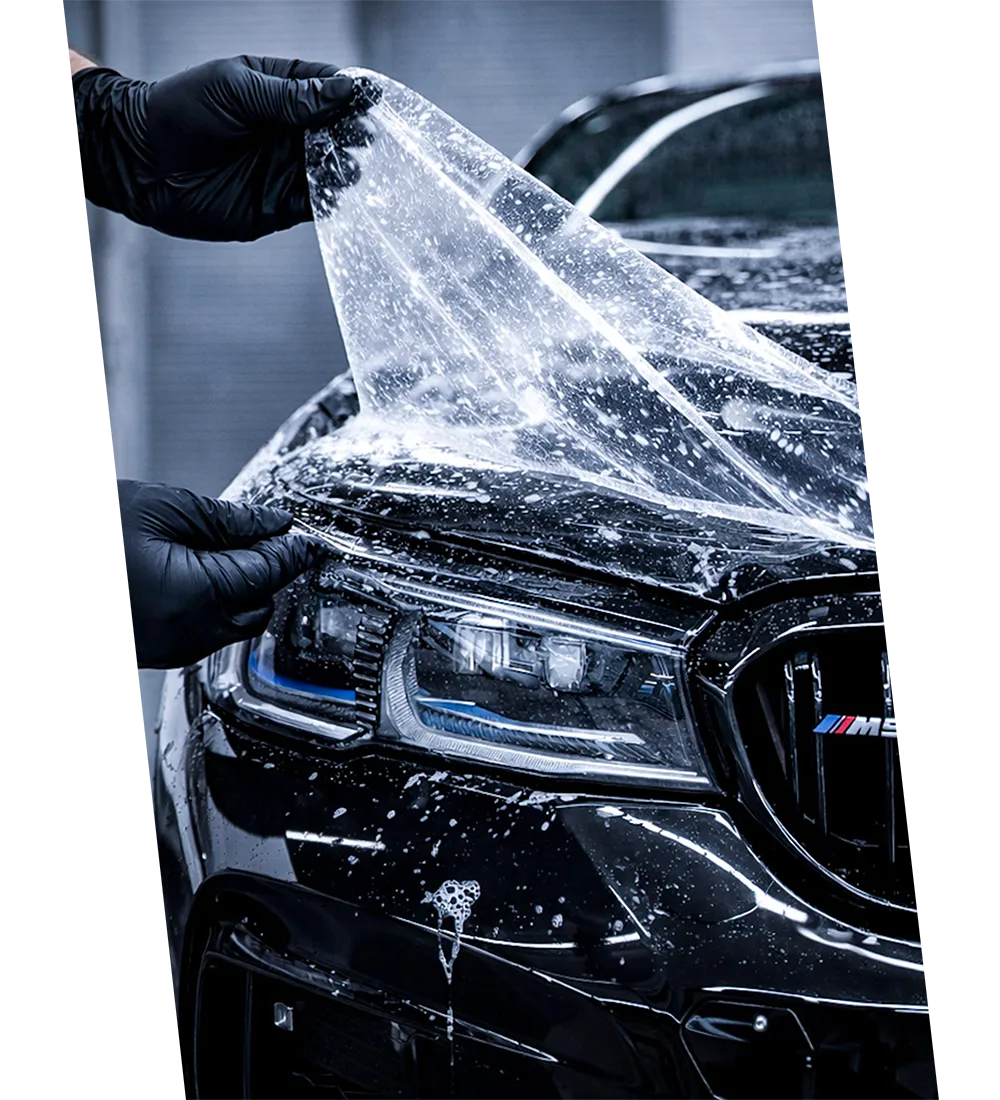 Hands with black gloves applying clear protective film on the hood of a black BMW car with water droplets.