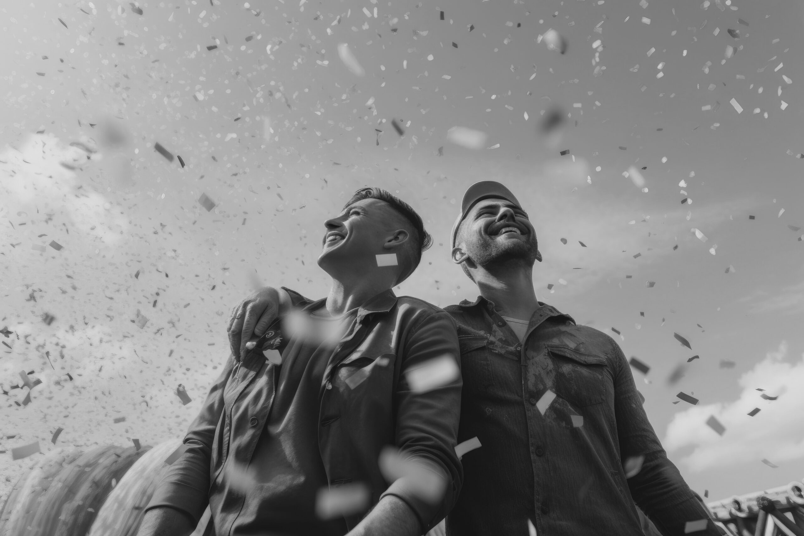 Two people smiling and embracing each other outdoors with confetti falling around them.