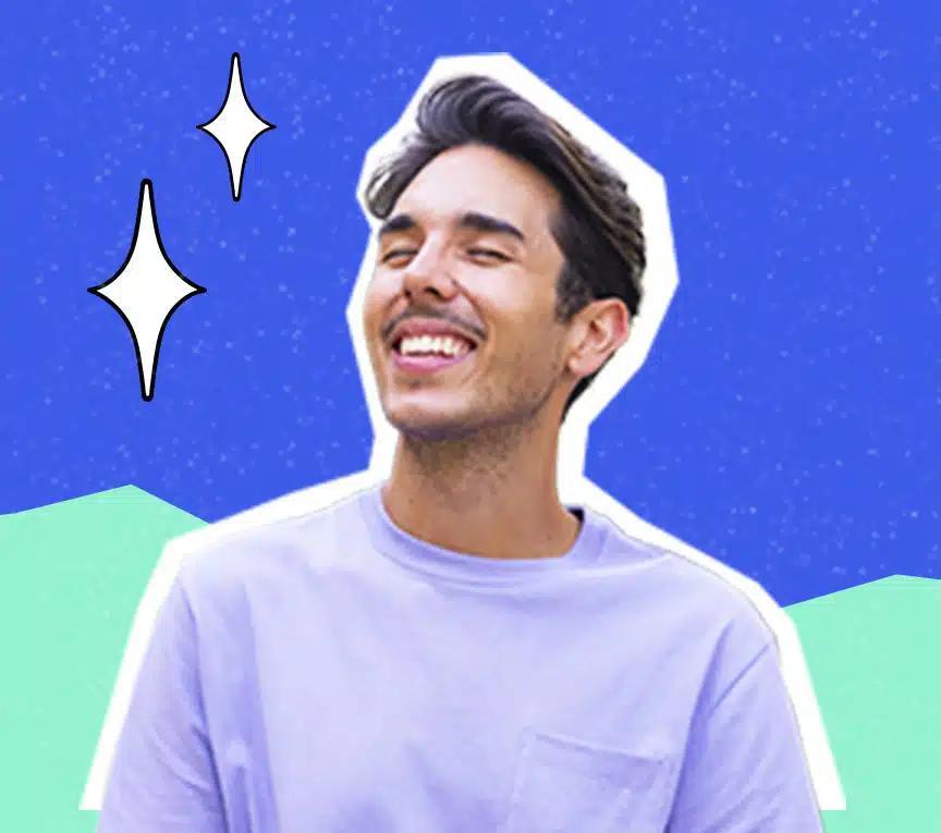 Smiling young man with closed eyes in a light purple shirt against a blue and green background with white sparkle illustrations.