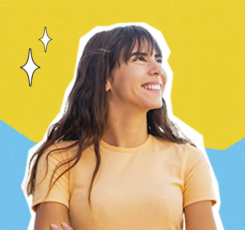 Smiling woman with long brown hair wearing a peach t-shirt looking up against a yellow and blue background with white outline and sparkle icons.