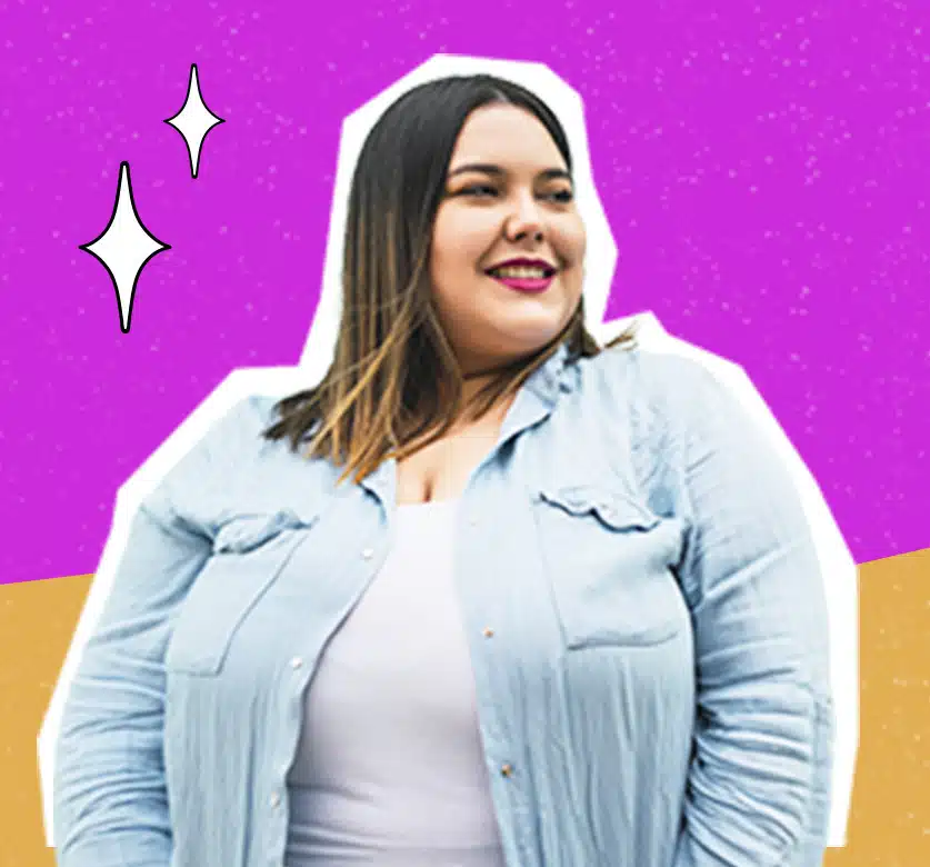 Smiling woman with long hair wearing a light blue jacket and white top against a pink and orange background with star accents.