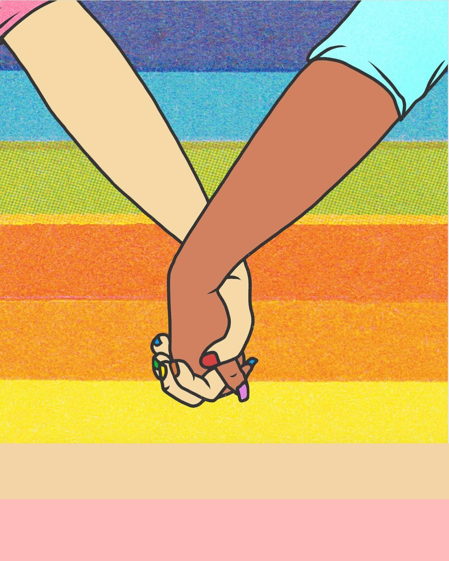 Illustration of two hands with different skin tones holding each other against a rainbow-striped background.