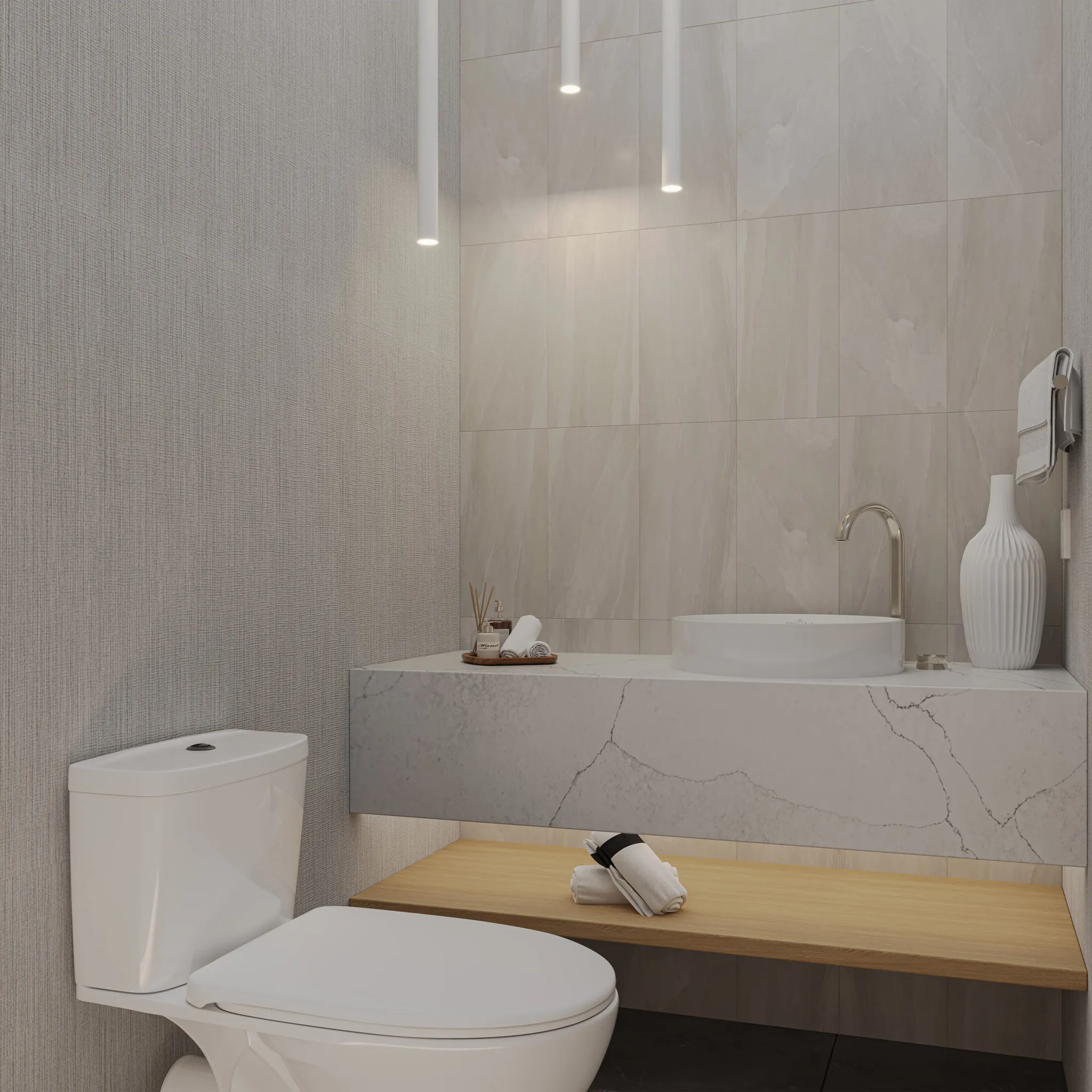 Modern bathroom with a white toilet, a marble countertop sink, wooden shelf with rolled towels, and vertical pendant lights.