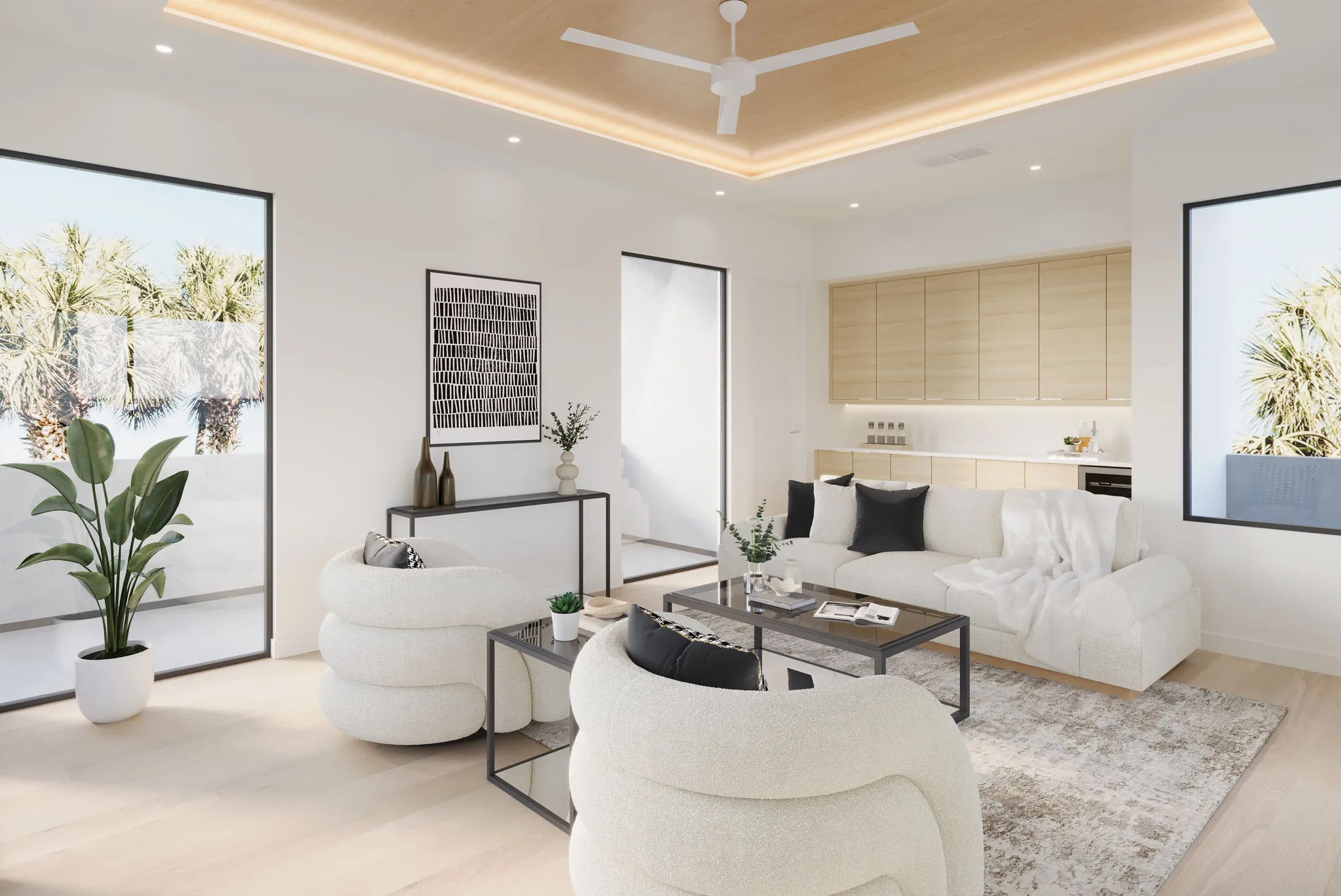 Modern living room with white curved armchairs, a beige sofa, glass coffee table, wooden cabinetry, potted plant, and large windows showing palm trees outside.
