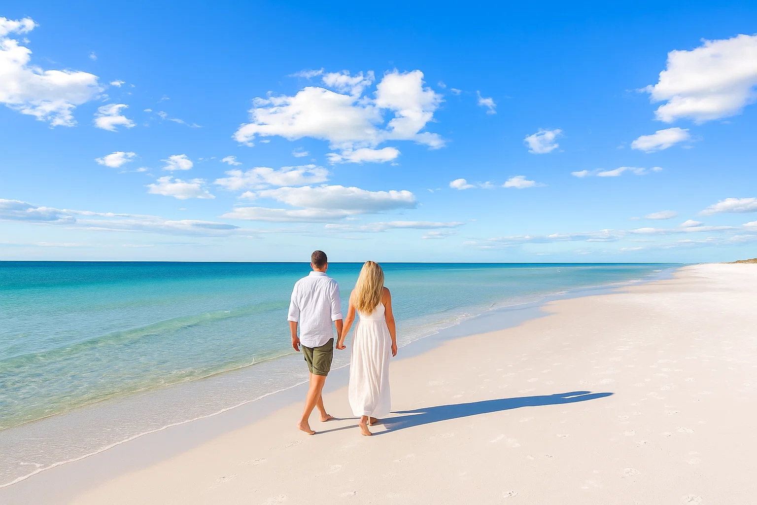 Couple walking barefoot on white sand beach along Florida’s Emerald Coast