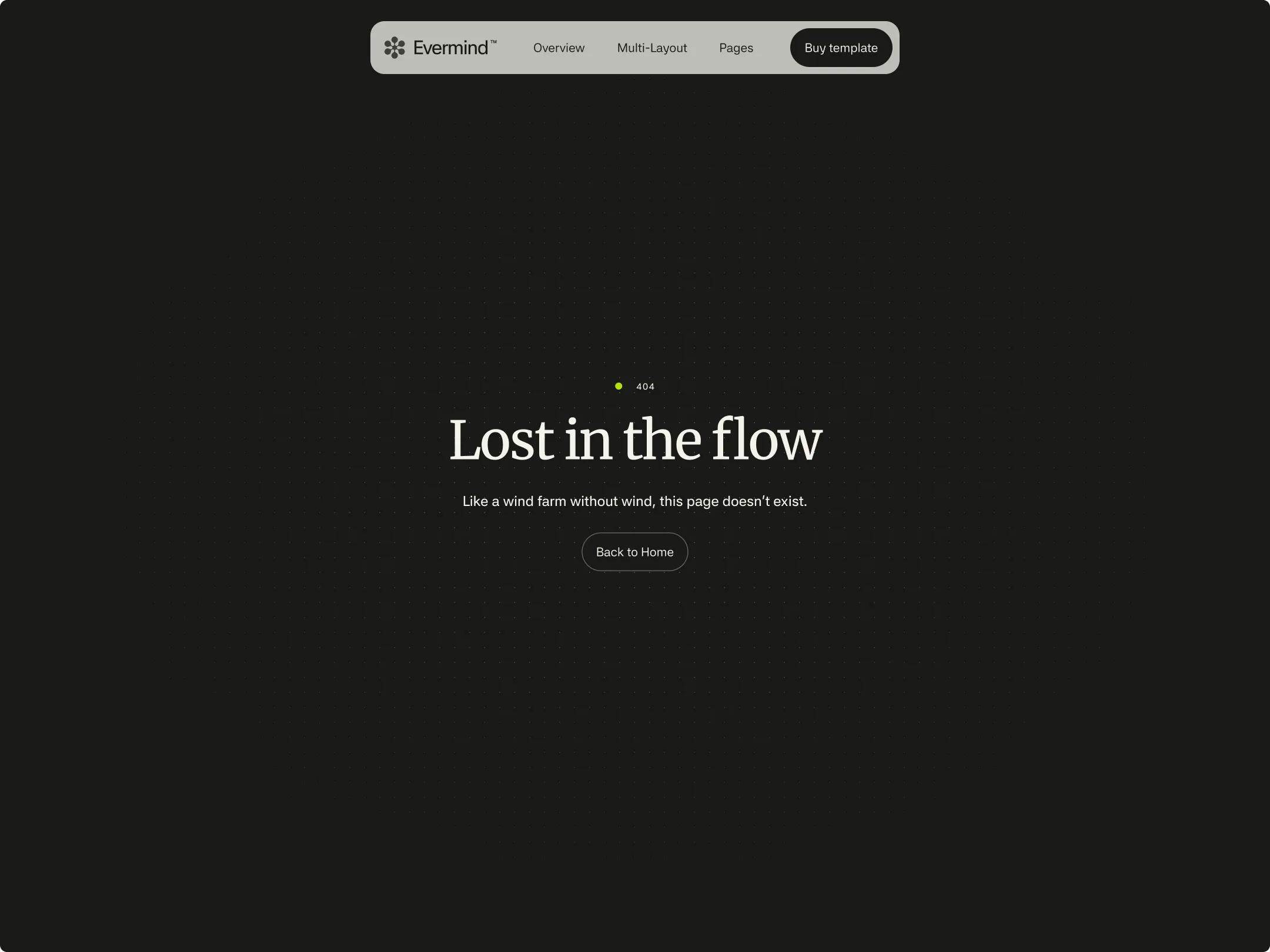 404-Fehlerseite mit Text 'Lost in the flow' und Schaltfläche 'Back to Home' auf dunklem Hintergrund.