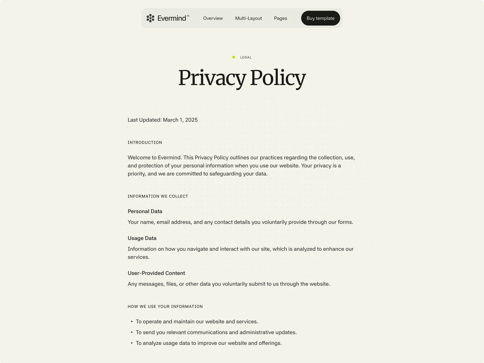 Datenschutzerklärung von Evermind mit Abschnitten zu gesammelten Daten und deren Verwendung.