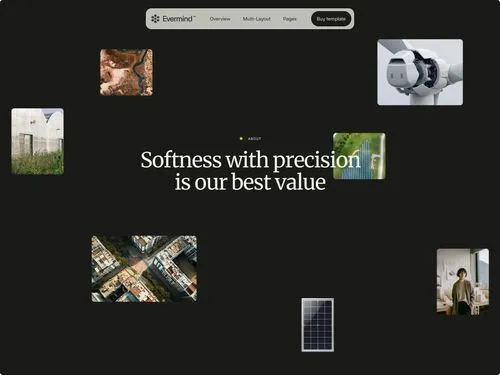 Verschiedene Bilder zeigen Urbanes, Technologie und eine Person mit dem Text 'Sanftheit mit Präzision ist unser bester Wert'.