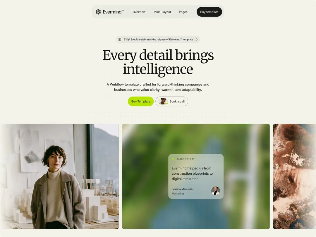 Website-Homepage zeigt Slogan, Buttons, Porträt einer Frau und Zitat zu digitalen Vorlagen.