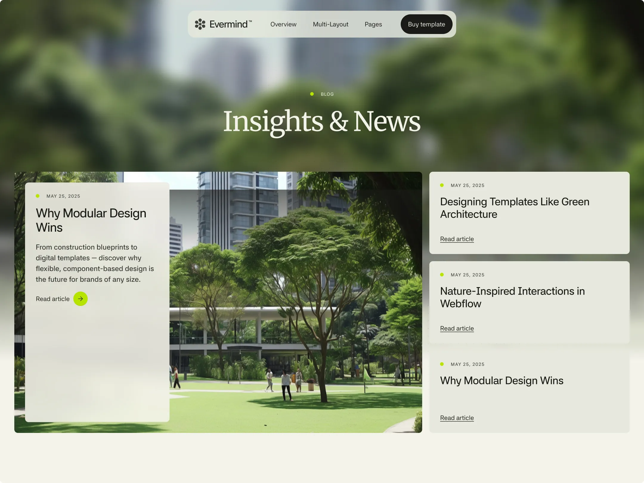 Webseite mit Blog-Themen zu modularen Designkonzepten und umweltfreundlicher Architektur.