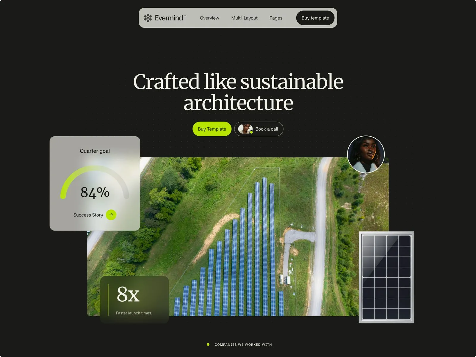 Drohnenaufnahme von Solarpanelen auf grünem Land mit Text zu nachhaltiger Architektur und 84% Quartalsziel.