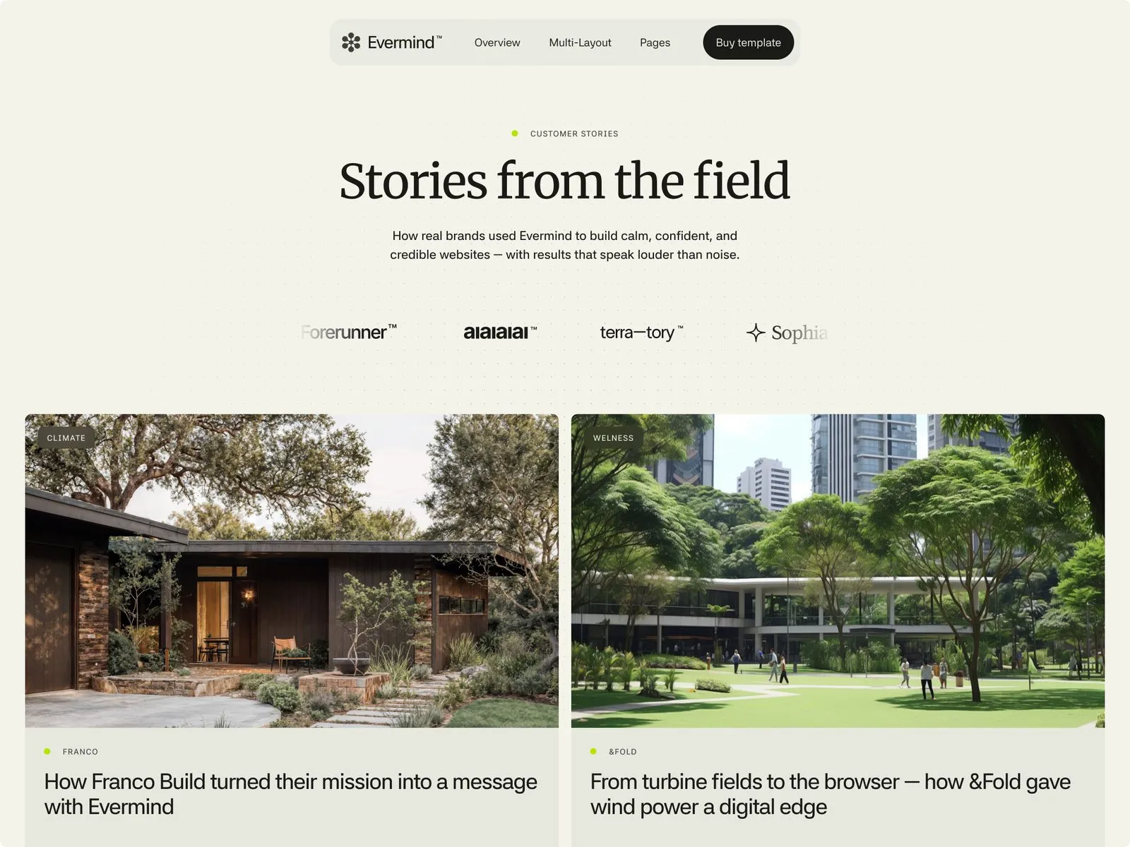 Webpage titled Stories from the field with two customer stories featuring a house and a park with trees.