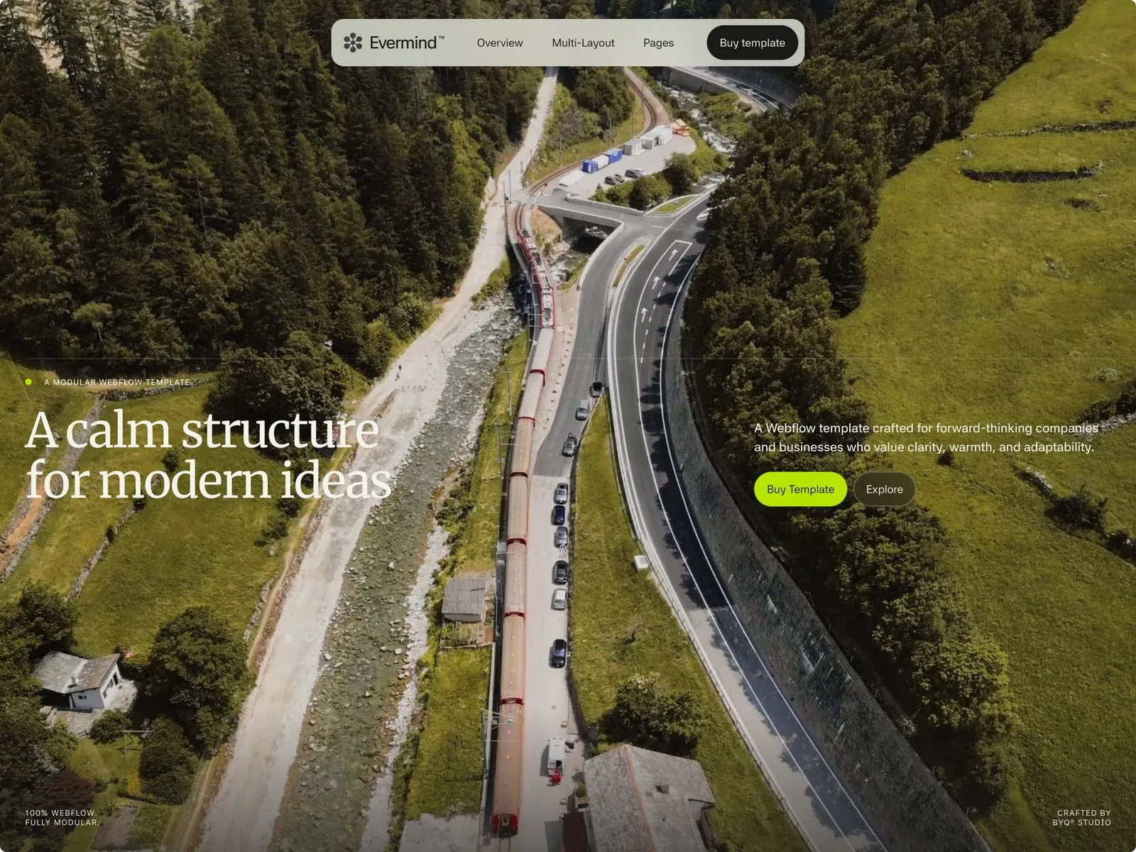 Luftaufnahme eines Zuges auf Schienen zwischen grünen Hügeln und einer Straße mit Autos.
