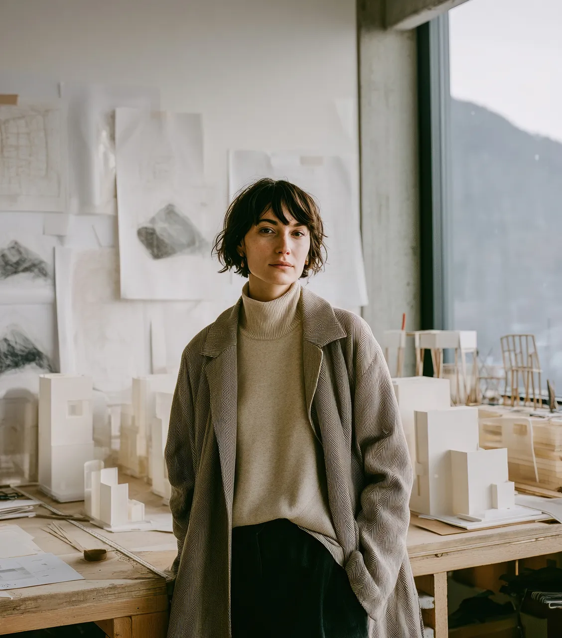 Junge Frau steht vor Architekturmodellen und Zeichnungen an einem Holztisch in einem Atelier.